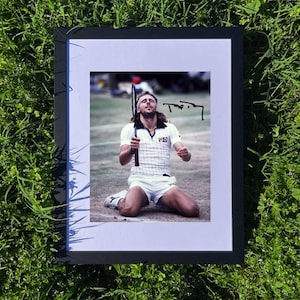 May include: Framed photograph of a tennis player kneeling on a court, holding a racket aloft. The player is wearing a white and navy striped shirt, white shorts, and a headband. The image is set against a green grass background.