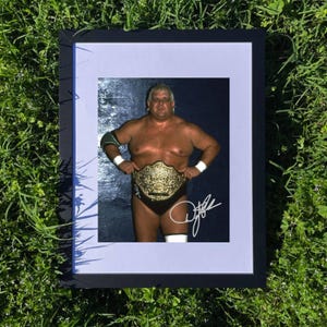 Puede incluir: Fotografía enmarcada de un luchador con un cinturón de campeonato dorado. El luchador tiene la piel clara y el pelo claro. El cinturón es detallado. La fotografía está firmada con tinta blanca.