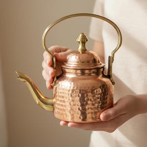 Personalized Handmade Hammered Copper Kettle with Brass Handle | Vintage Stovetop Teapot Set