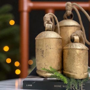 Rustic Cow Bells Giant Vintage Tin Metal Set of 3 Handmade Antique Decor for Holidays, Swiss Souvenirs, Rustic Christmas Decor on Jute Rope