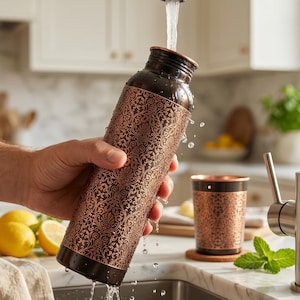 May include: A cylindrical copper water bottle with a dark brown finish and an intricate embossed floral pattern being filled with water from a kitchen faucet. A matching copper cup with the same embossed design sits nearby on the counter.
