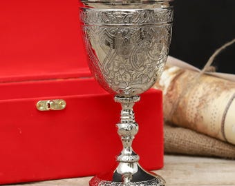 Personalized Engraved Silver Goblet Chalice | Floral Design Medieval Wine Cup | Wedding & Anniversary Gift