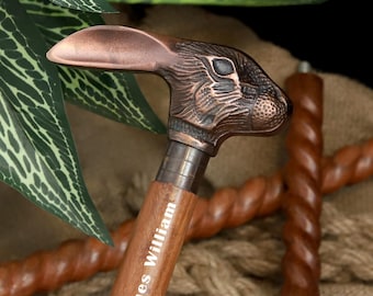 Bastón artesanal con cabeza de conejo / Bastón de madera con mango de latón vintage y forma de animal / Bastón de caballero de 94 cm