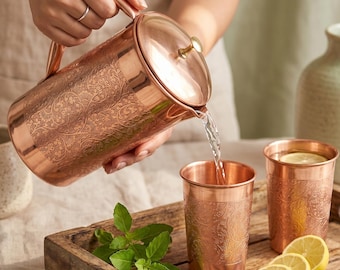 100% Pure Copper Water Jug Pitcher 50oz with 2 Tumblers 8oz, Hand Engraved Ayurveda Copper Set, Housewarming Carafe Gift