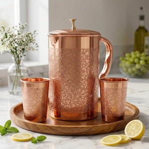 Personalized Engraved Pure Copper Pitcher Set with Lid & 2 Tumblers Ayurvedic Jug 1.5L Handmade Gift, Ayurveda Copper Set for Drinking Water
