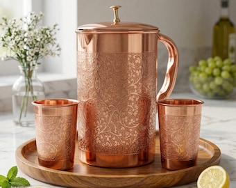 Personalized Engraved Pure Copper Pitcher Set with Lid & 2 Tumblers Ayurvedic Jug 1.5L Handmade Gift, Ayurveda Copper Set for Drinking Water
