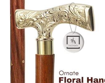 Handgefertigte Gehstock aus Holz Messing Blumengriff Gehstock Herren & Damen | Geschenk von Papa