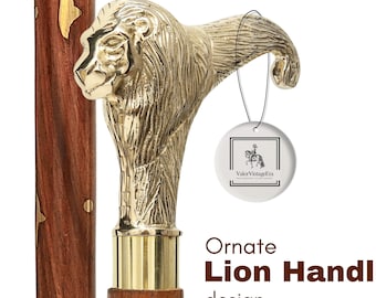 Handmade Wooden Walking Cane Brass Lion Handle, | Walking Stick for Men & Women | Gentlemen gift