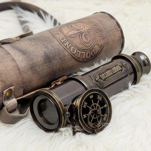 Telescopio catalejo de latón personalizado, estuche de cuero grabado, regalo náutico