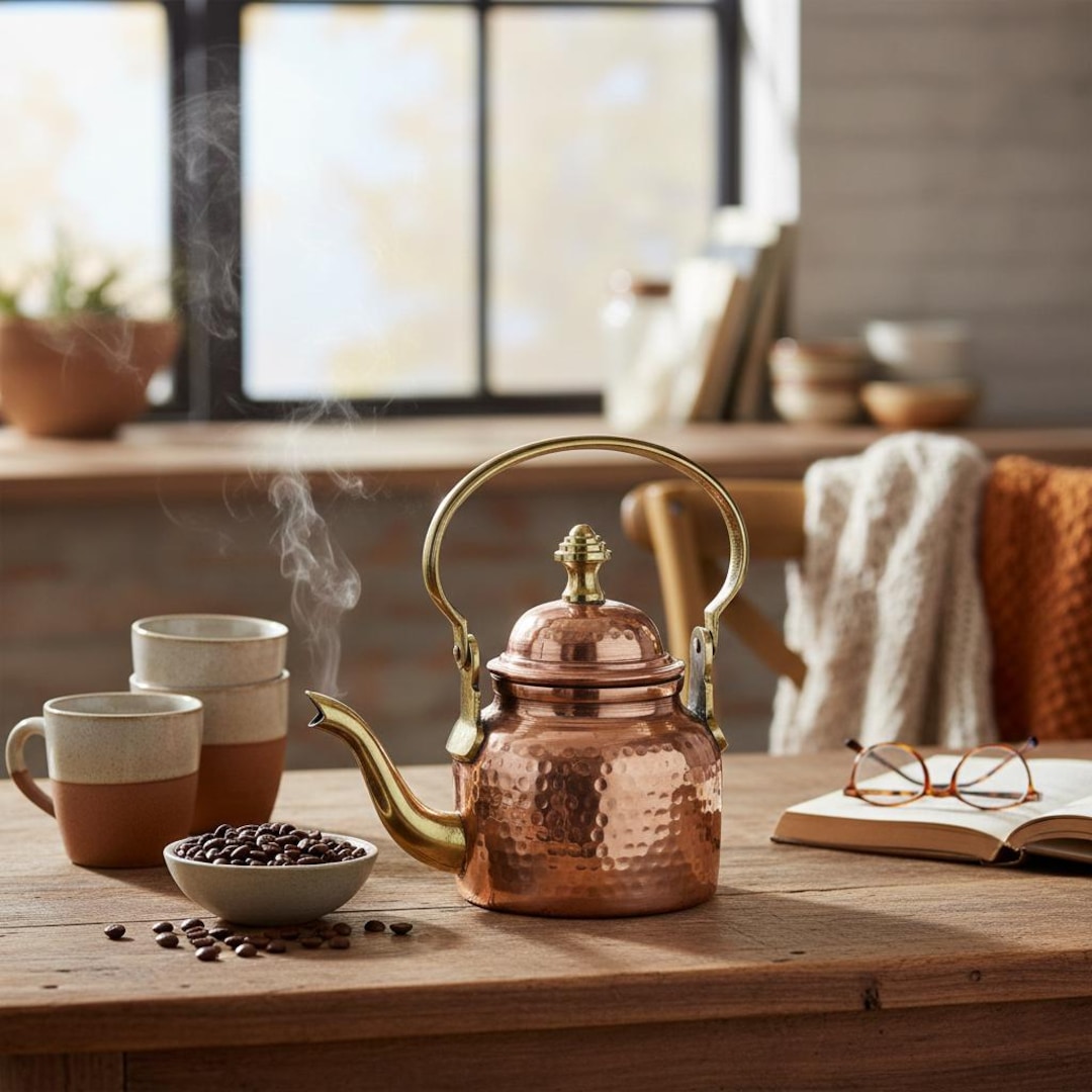 Engraved Custom Handmade Hammered Copper Kettle | Vintage Brass Handle Stovetop Teapot Set