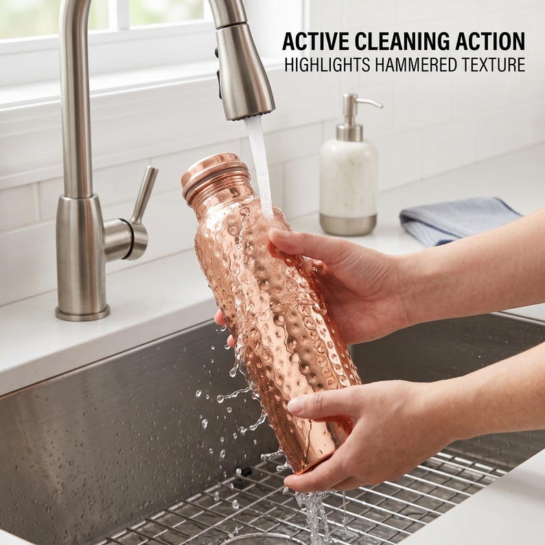 May include: A copper-colored water bottle with a hammered texture is being rinsed under a faucet. The bottle is cylindrical with a screw-on lid. The text "ACTIVE CLEANING ACTION HIGHLIGHTS HAMMERED TEXTURE" is visible in the background.