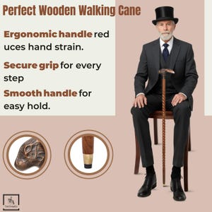 May include: A wooden walking cane with a detailed handle and a twisted shaft. The cane has a bronze-colored handle with a detailed design. The text on the image reads: "Perfect Wooden Walking Cane".