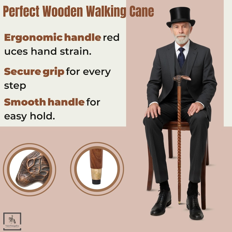 May include: A wooden walking cane with a detailed handle and a twisted shaft. The cane has a bronze-colored handle with a detailed design. The text on the image reads: "Perfect Wooden Walking Cane".