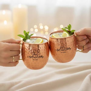 Personalized Hammered Copper Moscow Mule Mug Set of 2, Custom Engraved Wedding Gift, Engraved Couple Mugs with Gold Handle, Anniversary Gift