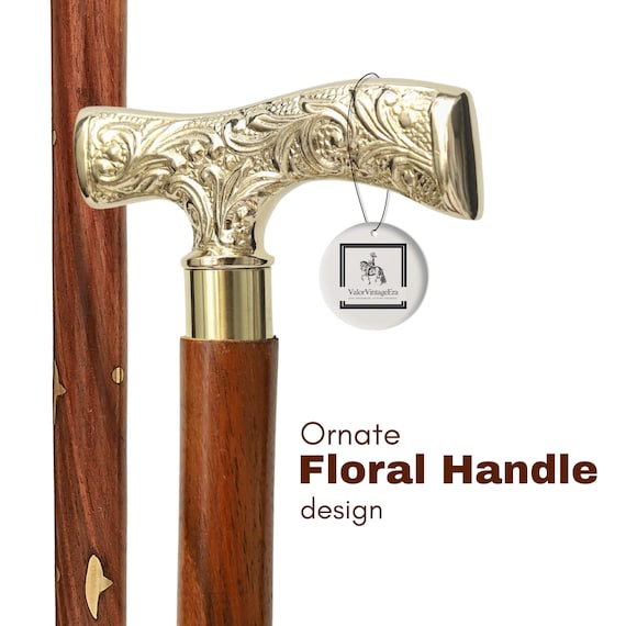 Handmade Wooden Walking Cane Brass Floral Handle Walking Stick Men & Women | Gift of dad