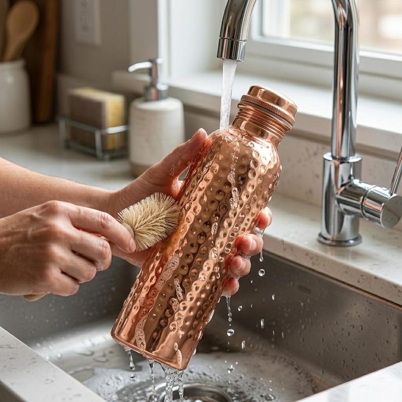 May include: A copper water bottle with a textured surface is being cleaned with a brush under running water. The bottle has a screw-on cap and a hammered design. The bottle is in a kitchen sink.
