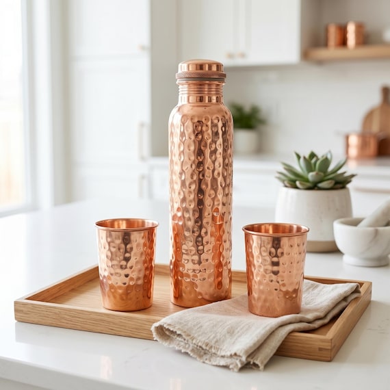 Personalized Hammered Copper Water Bottle Set with 2 Tumblers| 100% Pure Ayurvedic Copper Bottle 1L  Eco Friendly Drinkware Wellness Gift