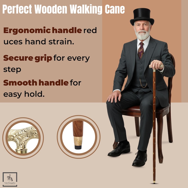 K&ouml;nnte beinhalten: Ein h&ouml;lzerner Spazierstock mit einem dunkelbraunen Schaft und einem dekorativen goldfarbenen Griff. Die Gehhilfe hat eine Messingzwinge am Boden. Das Bild enth&auml;lt den Text "Perfect Wooden Walking Cane".