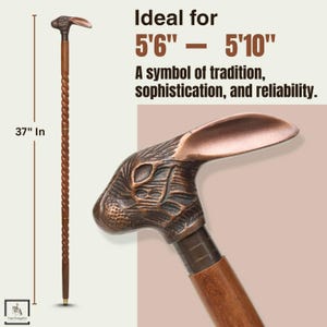 May include: A brown walking cane with a rabbit head handle. The cane is 37 inches long and has a twisted shaft. The text says it is ideal for people between 5'6" and 5'10".