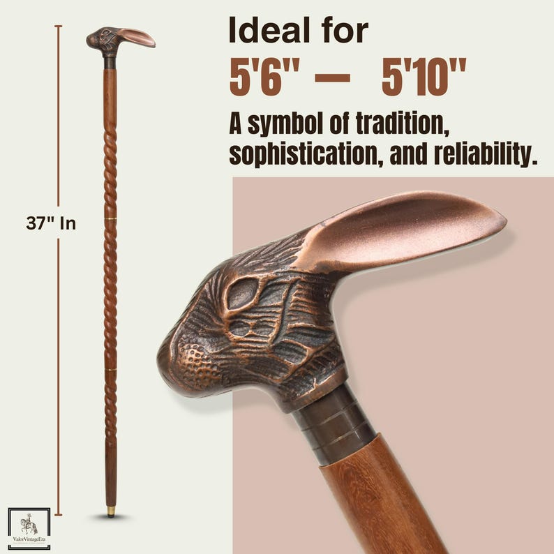 May include: A brown walking cane with a rabbit head handle. The cane is 37 inches long and has a twisted shaft. The text says it is ideal for people between 5'6" and 5'10".