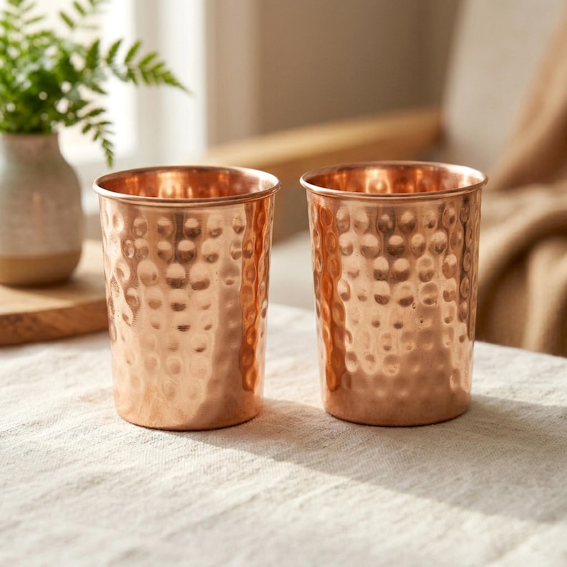 May include: Two copper-colored drinking glasses with a hammered texture. The glasses are cylindrical with a slightly flared rim. They sit on a light-colored surface, with a blurred background including a vase with greenery.