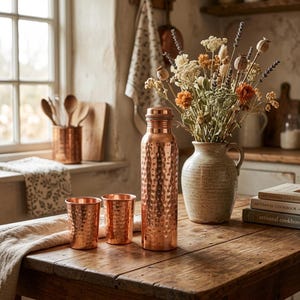 May include: A copper water bottle and two matching cups sit on a wooden table. The bottle and cups have a hammered texture. A vase of dried flowers and a stack of books are also on the table. The scene is set in a rustic kitchen.