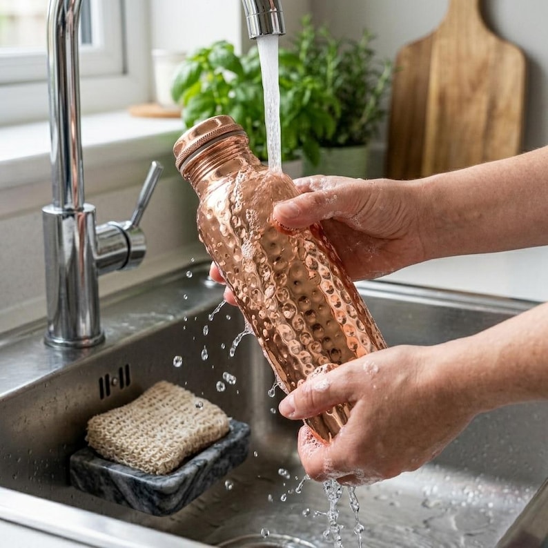 May include: A copper-colored water bottle with a textured surface is being washed in a stainless steel sink. The bottle has a screw-on cap and is being held under running water. A natural sponge sits on a marble soap dish.