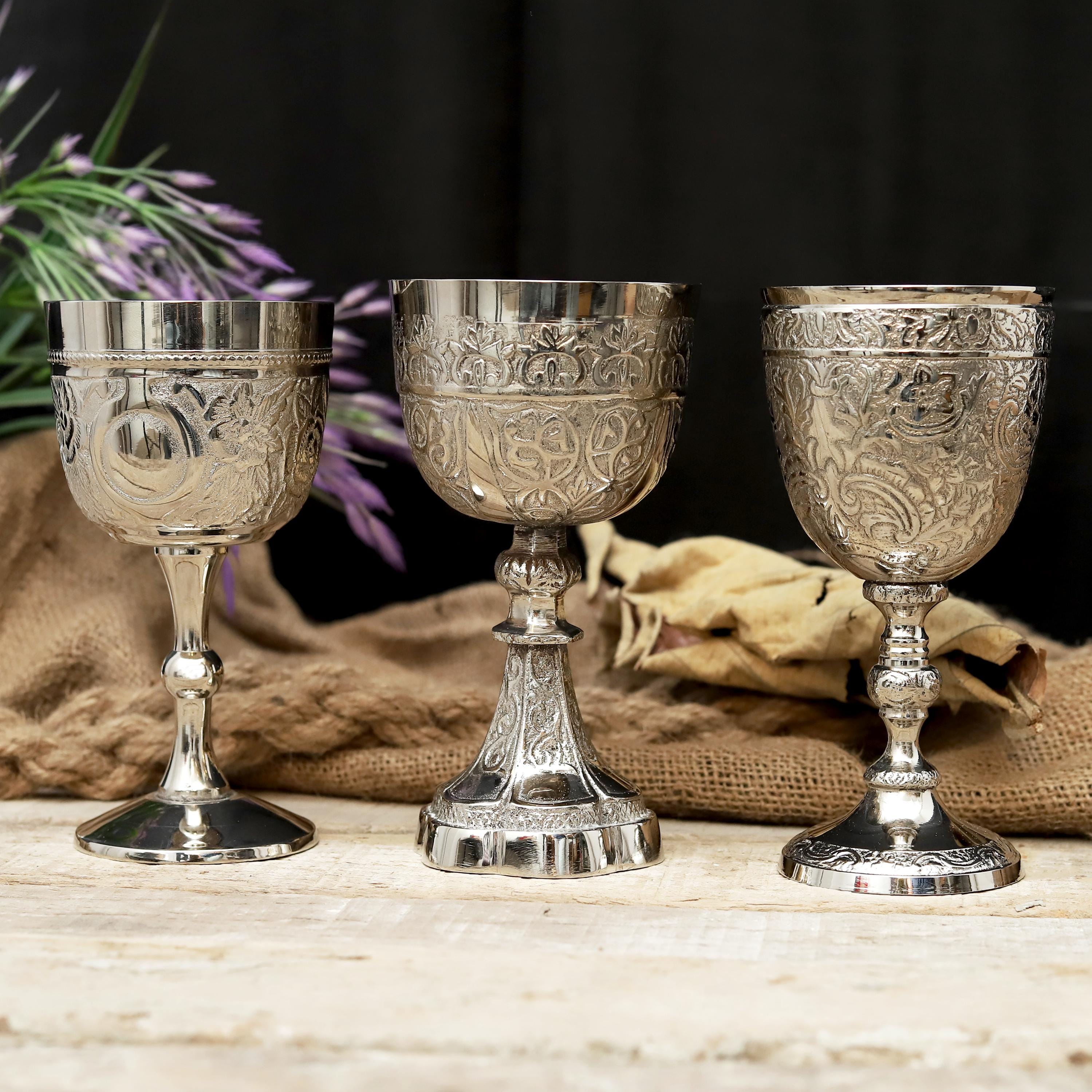 Personalized Engraved Silver Goblet Chalice | Floral Design Medieval ...