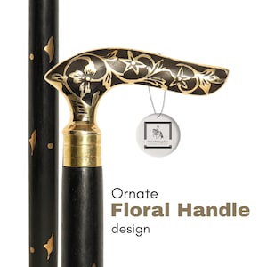 Puede incluir: Bastón negro con un diseño de mango floral dorado y negro. El mango es curvo y presenta intrincados patrones florales. El eje del bastón es negro con detalles dorados. Se muestra el texto "Ornate Floral Handle design".