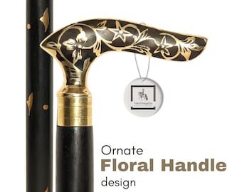 Vintage Wooden Walking Cane, Floral Brass Inlay Handle