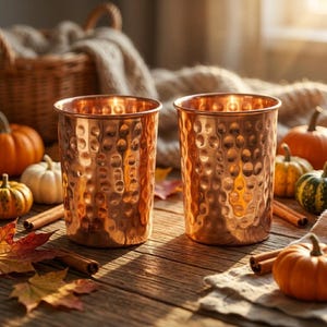 May include: Two copper-colored, hammered-finish drinking glasses sit on a wooden table. The glasses are surrounded by pumpkins, cinnamon sticks, and fall leaves. A basket and a blanket are in the background, creating a warm, autumnal scene.