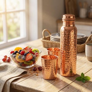 May include: A copper water bottle and two matching cups with a hammered texture sit on a wooden table. A clear glass bowl of fresh fruit and a sprig of mint are also on the table. The scene is lit by natural light.