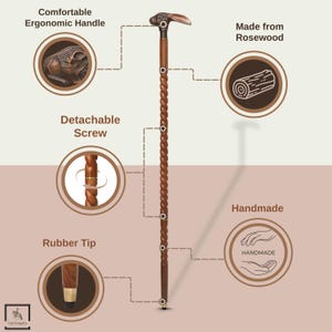 May include: A handmade wooden walking cane with a carved rabbit head handle. The cane is made from rosewood and features a detachable screw and rubber tip. The shaft has a twisted design.