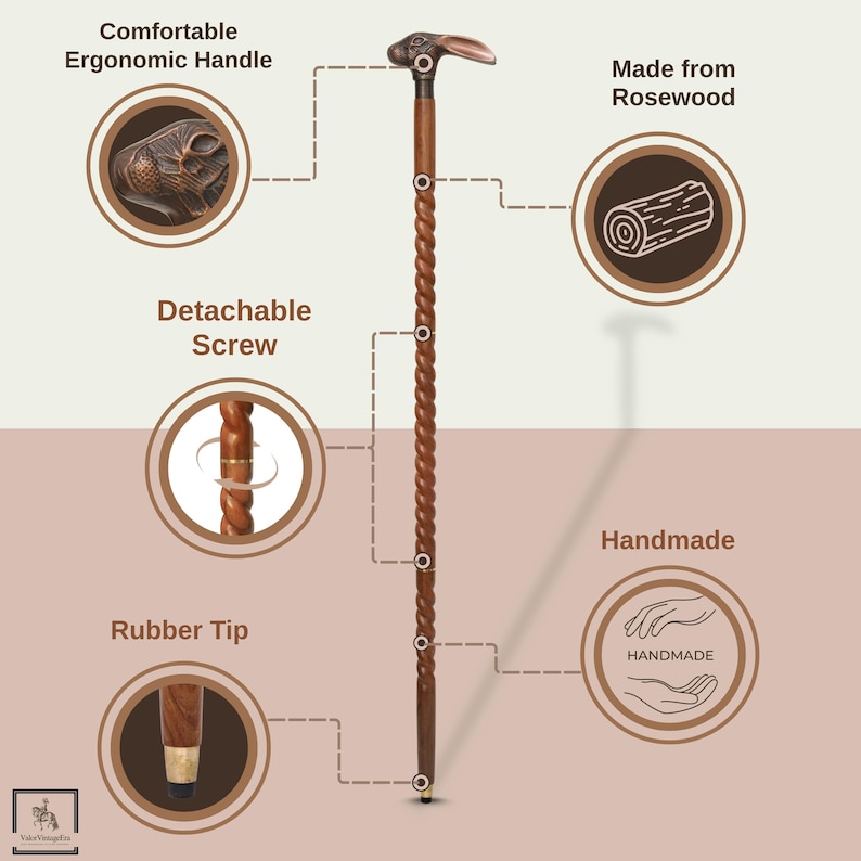 May include: A handmade wooden walking cane with a carved rabbit head handle. The cane is made from rosewood and features a detachable screw and rubber tip. The shaft has a twisted design.