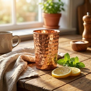 May include: A copper-colored drinking glass with a dimpled texture sits on a wooden table. Beside it are lemon slices, mint leaves, and a beige linen cloth. A mug, a wooden bowl, and a pepper grinder are also visible.