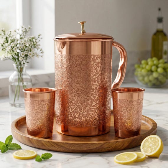 Personalized 100% Pure Copper Water Jug Pitcher 1.5L with 2 Tumblers, Hand Hammered Ayurvedic Copper Set, Healthy Drinking Water Vessel Gift