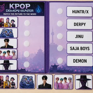 Peut inclure: Un jeu d'association KPOP Demon Hunter violet avec cinq emplacements d'images à gauche et cinq étiquettes de mots correspondantes à droite, dont HUNTR/X, DERPY, JINU, SAJA BOYS et DEMON, avec cinq tuiles d'images détachées en dessous.