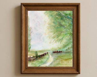 Impresión de acuarela vintage, pintura de acuarela de paisaje, descarga digital, arte de pared imprimible de estilo rústico.