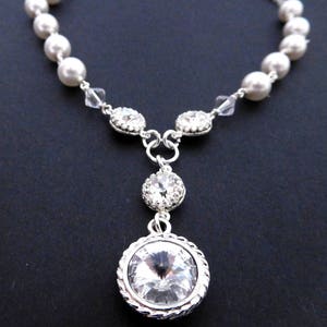 White pearl necklace, double drop rhinestone pendant necklace, Swarovski crystal, Silver plated chain, white bridal jewelry