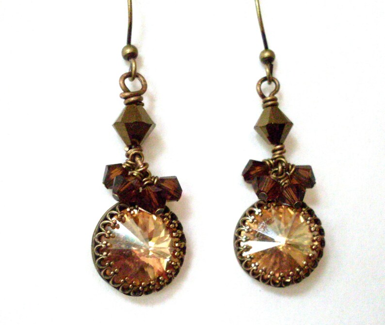 Golden Brown Crystal Earrings Bead Cluster Rhinestone Etsy