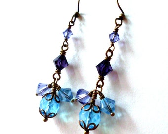 Dangly bead earrings, violet aqua crystal earrings, antiqued brass wire links, crystal and glass, purple aqua summer jewelry
