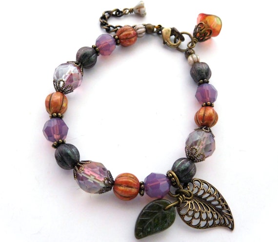Antiqued Bracelet Pendant Charm with Lobster Clasp Colorful Autumn Fall Leaves
