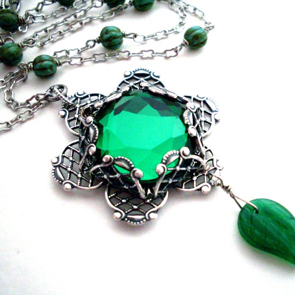 Emerald rhinestone flower necklace - antiqued silver layered filigree glass jewel pendant, leaf dangle, beaded chain, rhinestone jewelry