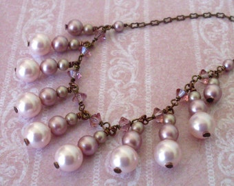 Pearl drop bib necklace, beige blush fringe necklace, Swarovski pearls on dark brass chain, dusty rose crystal, pink bridal jewelry