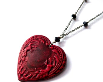 Large red heart pendant long chain necklace, Victorian style clay heart, dark red Swarovski crystal, antiqued silver, statement jewelry