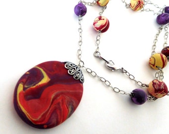 Colorful necklace, polymer clay, long beaded chain necklace, round pendant, red yellow purple handmade beads, antiqued silver, Boho jewelry