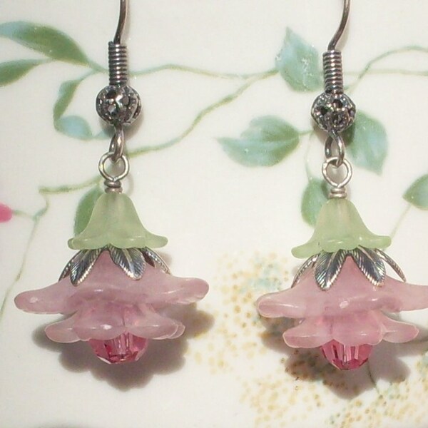 Pink lucite flower earrings, pink and green layered blossom, antiqued silver bead caps, Austrian crystal, pink floral jewelry