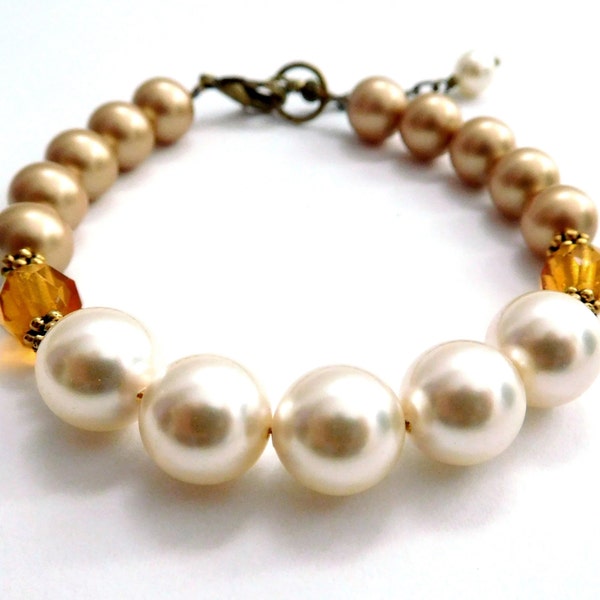 Chunky pearl bead bracelet, gold cream bracelet, crystal core pearls, crème caramel colors, two tone bracelet, antiqued brass, Fall jewelry