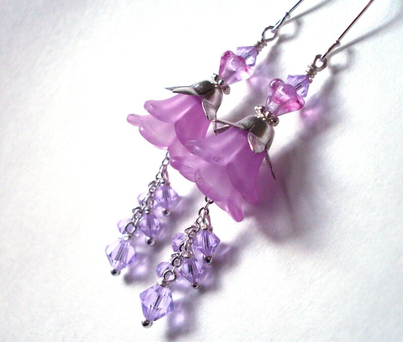 Lilac lucite flower earrings, crystal dangle long layered earrings, pink lilac, Silver plated, pastel jewelry for wedding, Spring jewelry image 4