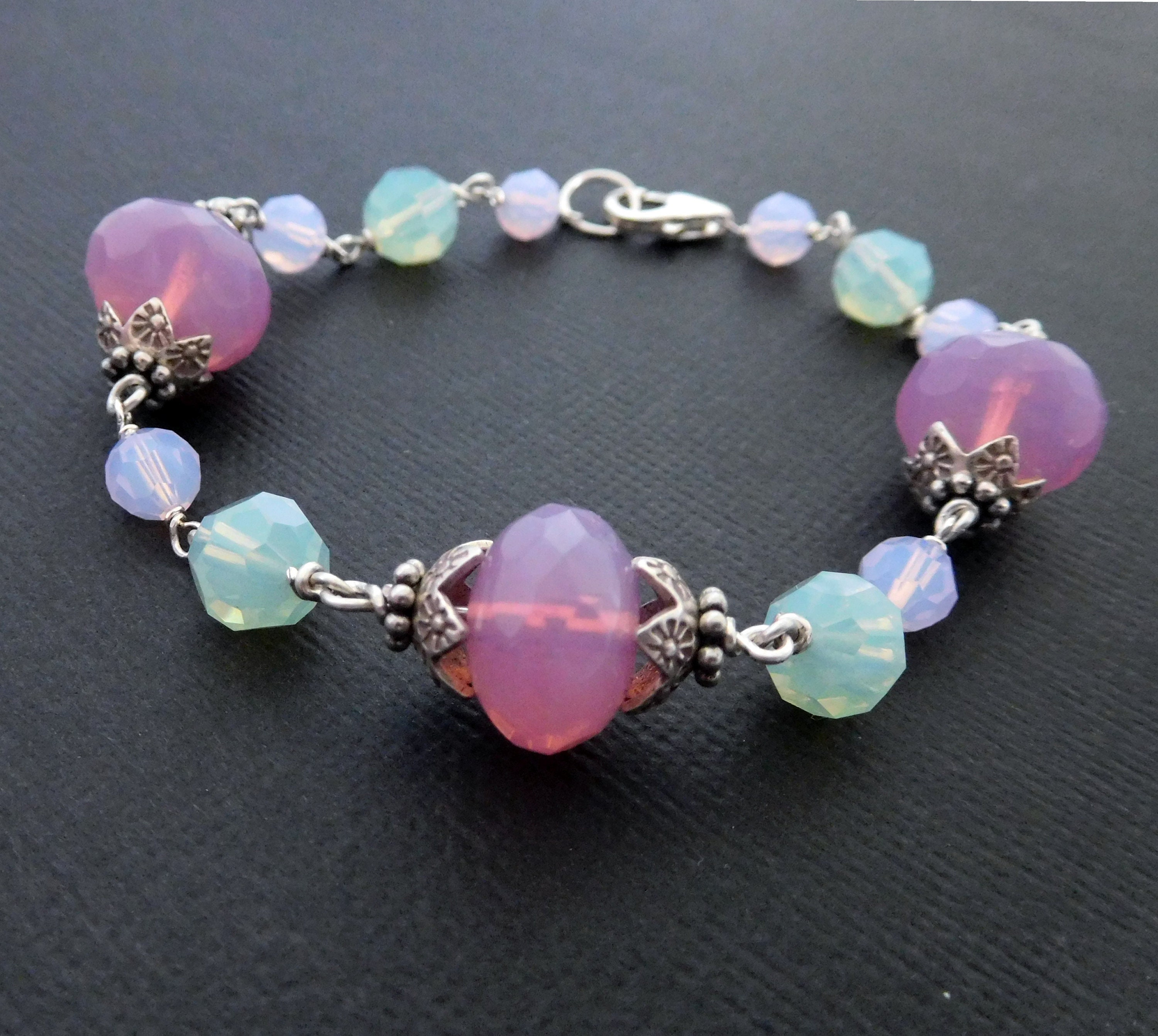 Pastel crystal bead bracelet pink lilac and green opal color Etsy